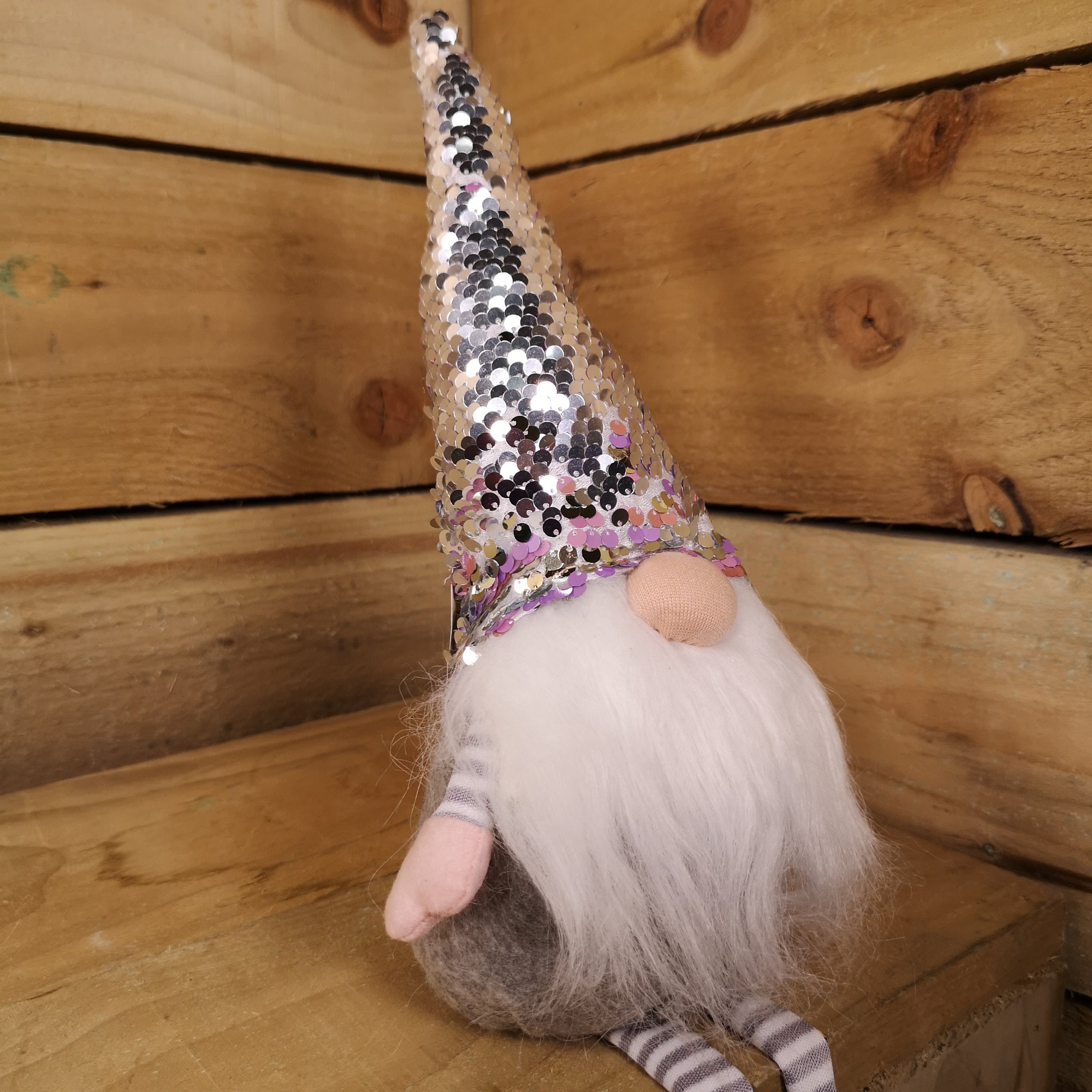 49cm Festive Christmas Sitting Gonk with Dangly Legs & Sequin Hat in Pink & Grey