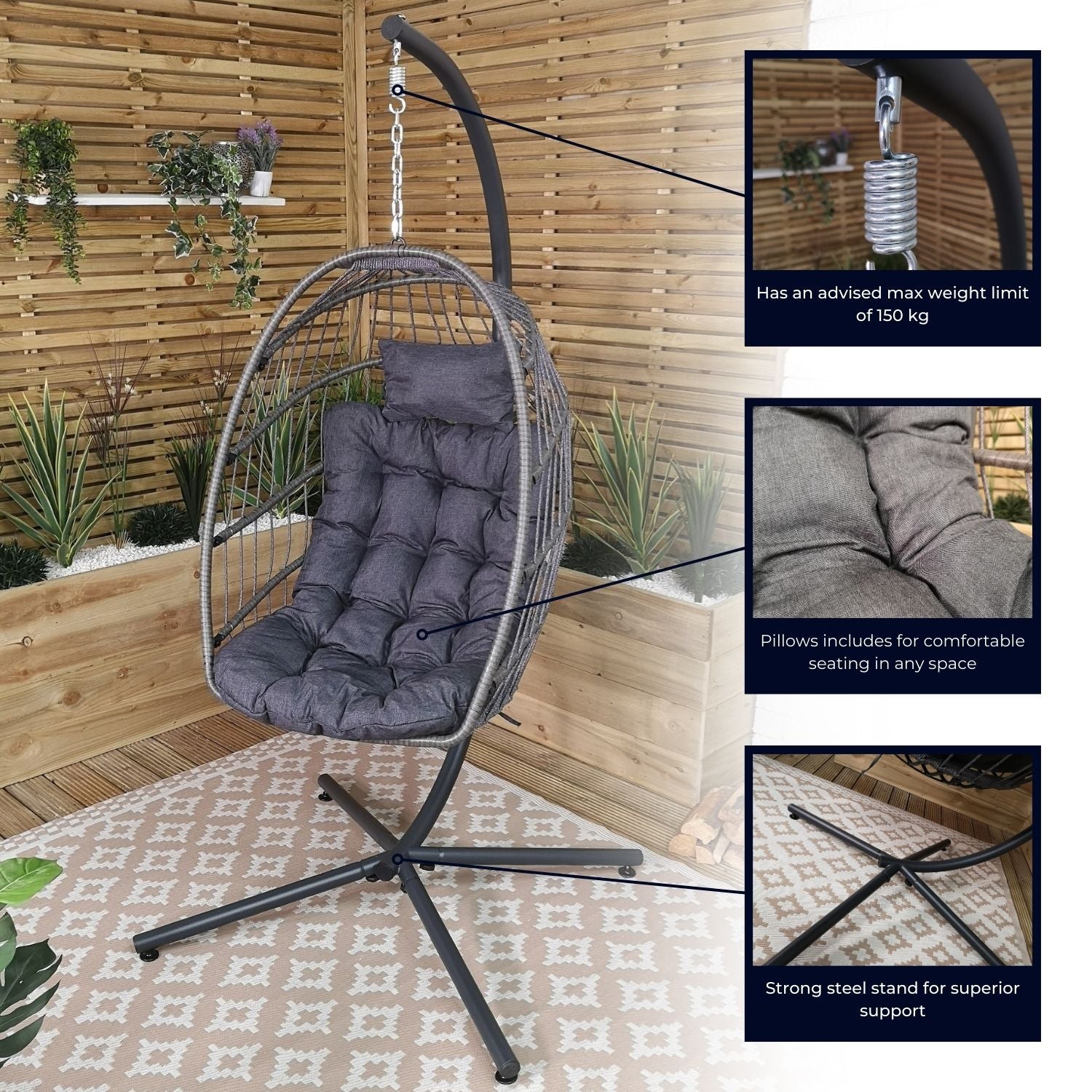 Grey Hanging Egg Chair With Stand & Waterproof Cover