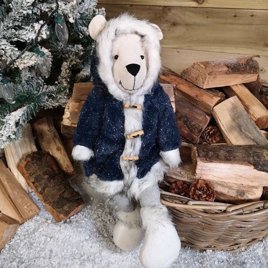 53cm Sitting Plush Christmas Winter Polar Bear with Blue Coat and Fur Trim