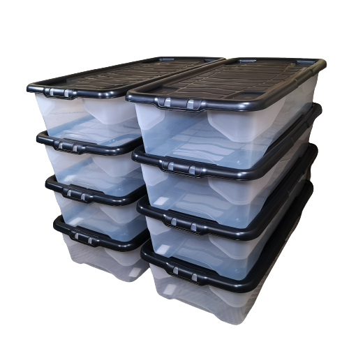 8 x 42L Clear Under Bed Storage Box with Black Lid, Stackable and Nestable Design Storage Solution