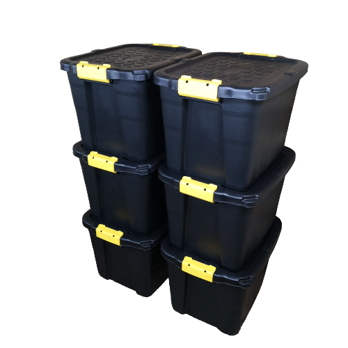 6 x 42L Heavy Duty Storage Tubs Sturdy, Lockable, Stackable and Nestable Design Storage Chests with Clips in Black