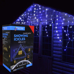 720 LED 17.8m Premier Snowing Iciclebrights Indoor Outdoor Multifunction Christmas Icicle Lights on Clear Cable with Timer in Blue & White