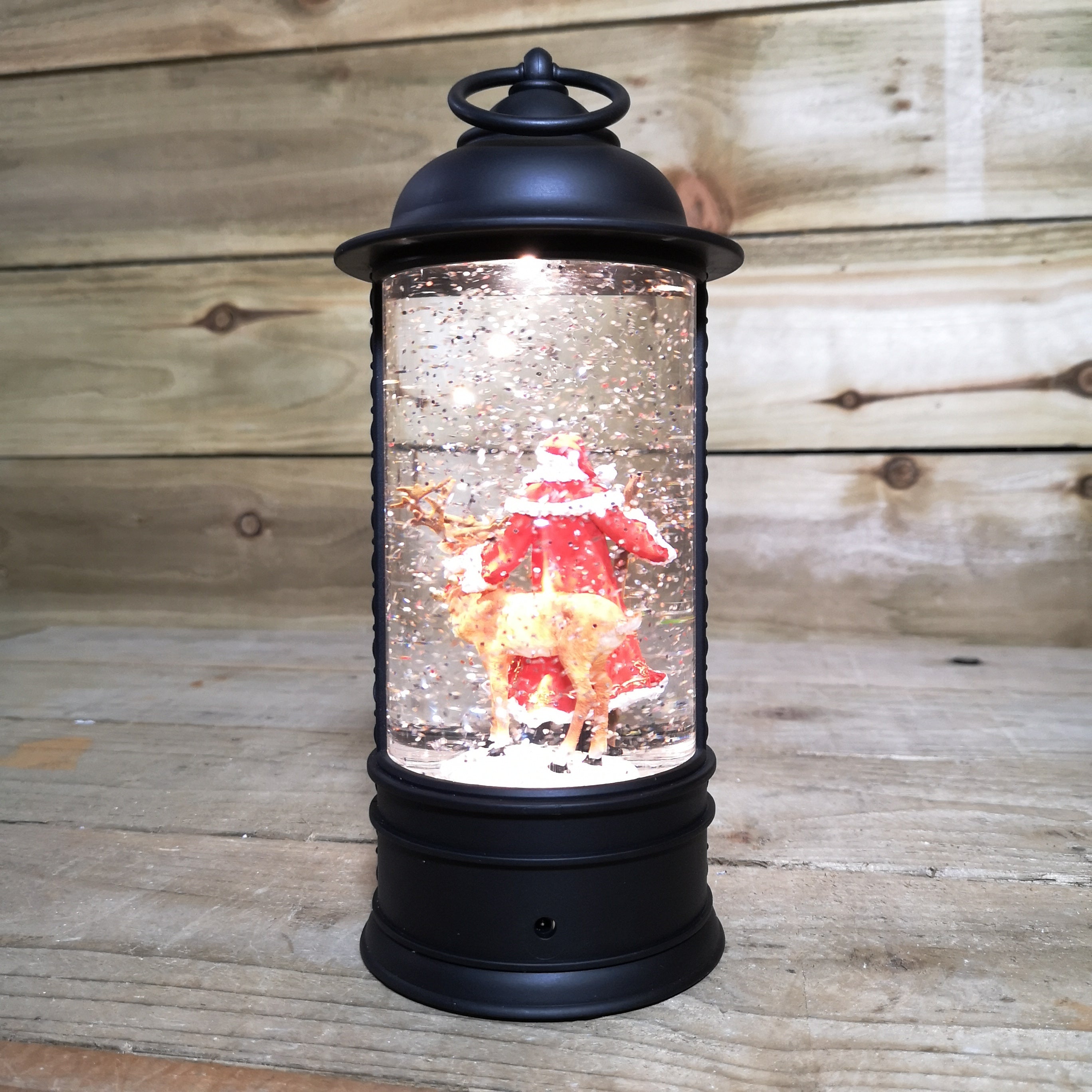 29cm Snowtime Christmas Water Spinner Antique Effect Lantern With Santa & Reindeer Scene  Dual Power