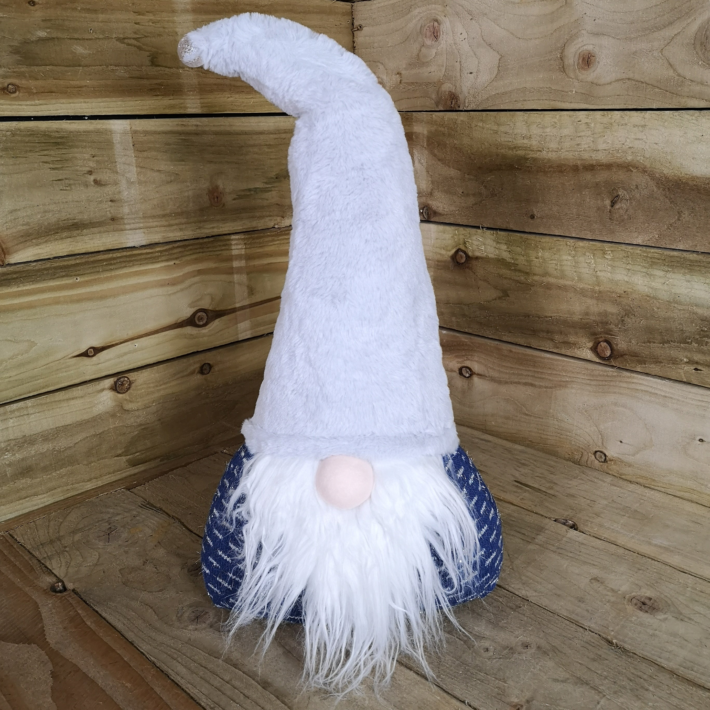 60cm Festive Christmas Light Up Lit Sitting Christmas Gonk with Grey Hat and Blue Body