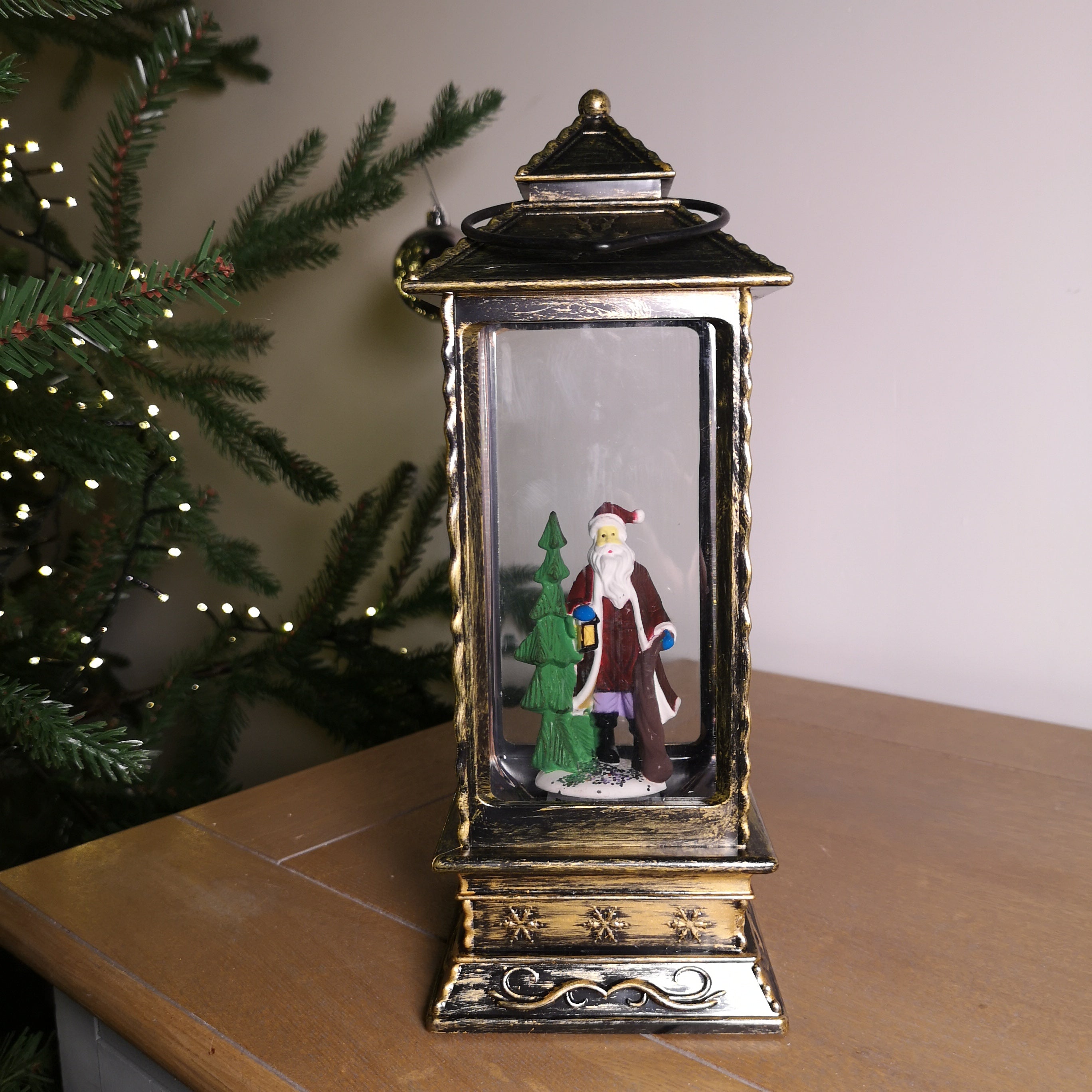 27cm Premier Glitter Water Spinner LED Lantern Christmas Decoration with Santa Scene