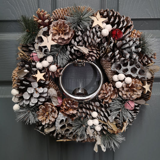 36cm Wooden Christmas White Berries Stars Bells and Grey Pine Cone Door Wreath 2736