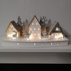 44cm Battery Light Up Warm White Christmas Winter Wooden Village with Reindeer Scene