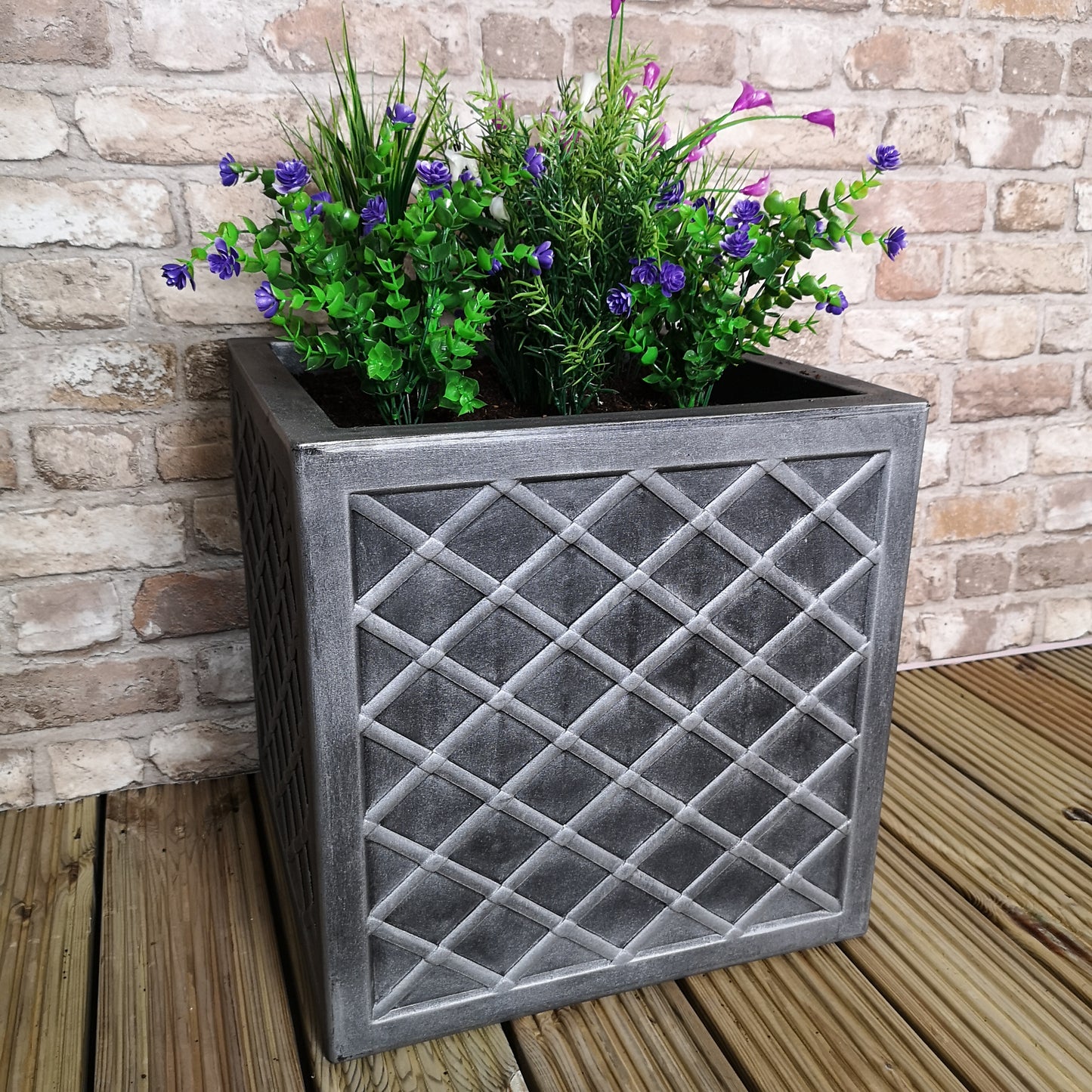 39cm Large Lazio Square Grey Plastic Pewter Effect Garden Planter 