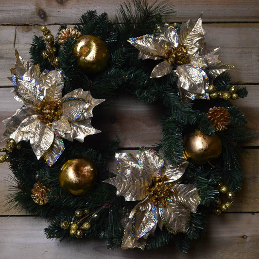 60cm Gold Poinsettia Christmas Decorative Wreath with Gold Baubles by Premier