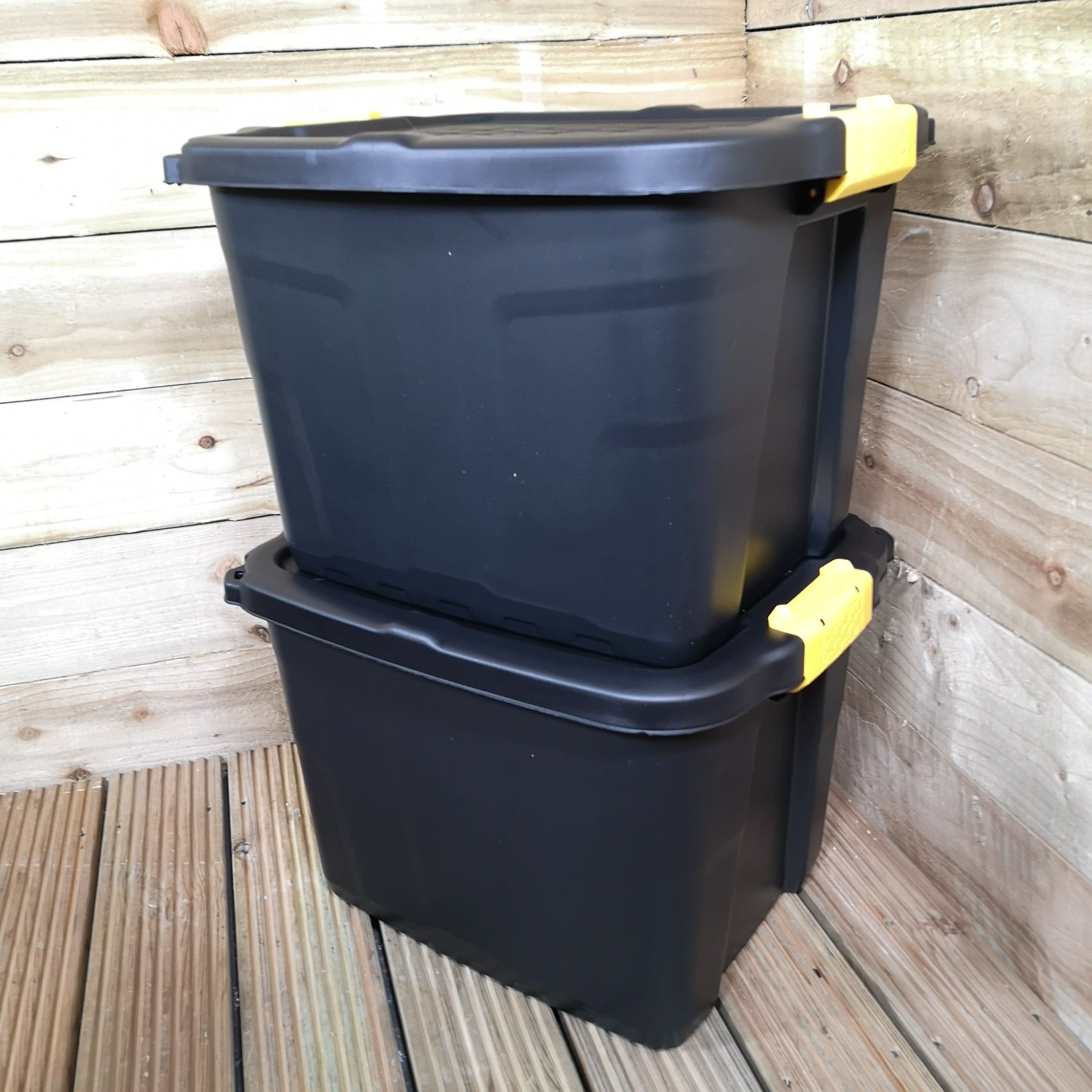 2 x 42L Heavy Duty Storage Tubs Sturdy, Lockable, Stackable and Nestable Design Storage Chests with Clips in Black