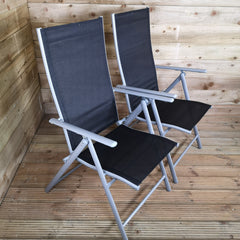 2 x Multi Position High Back Reclining Garden / Outdoor Folding Chair in Black and Silver