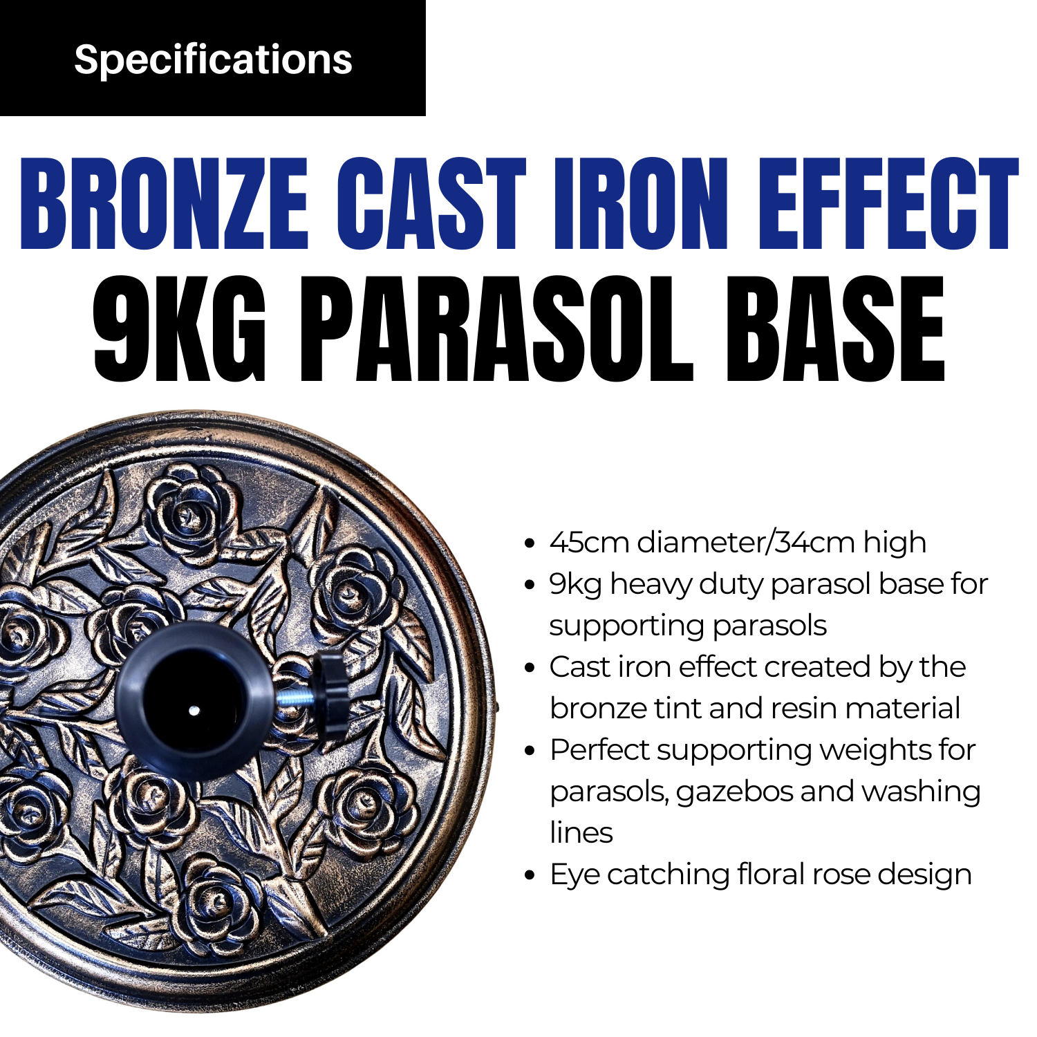 9kg Rose Cast Iron Effect Parasol Base