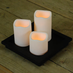 21cm Yellow LED Set Of 3 Battery Operated Flickering Candles On Black Tray