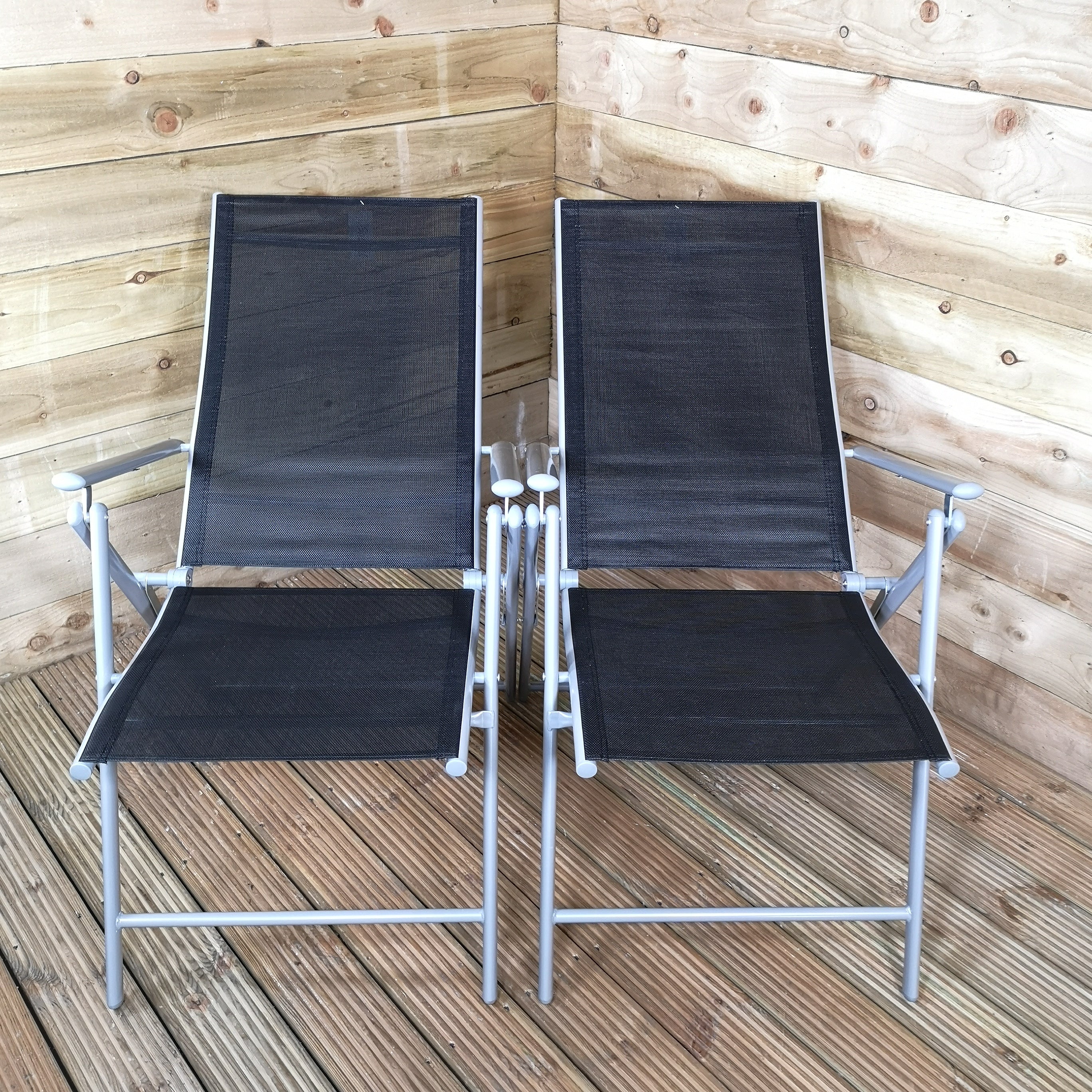 2 x Multi Position High Back Reclining Garden / Outdoor Folding Chair in Black and Silver