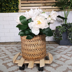 Pack of 2 35cm Round Wooden Garden Plant Pot Flower Trolley Stand on Wheels