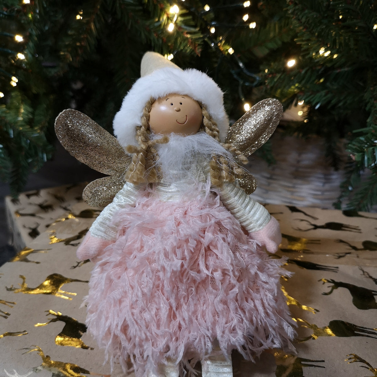 48cm Premier Christmas Sitting Angel Decoration with Dangly Legs in Pink & Gold