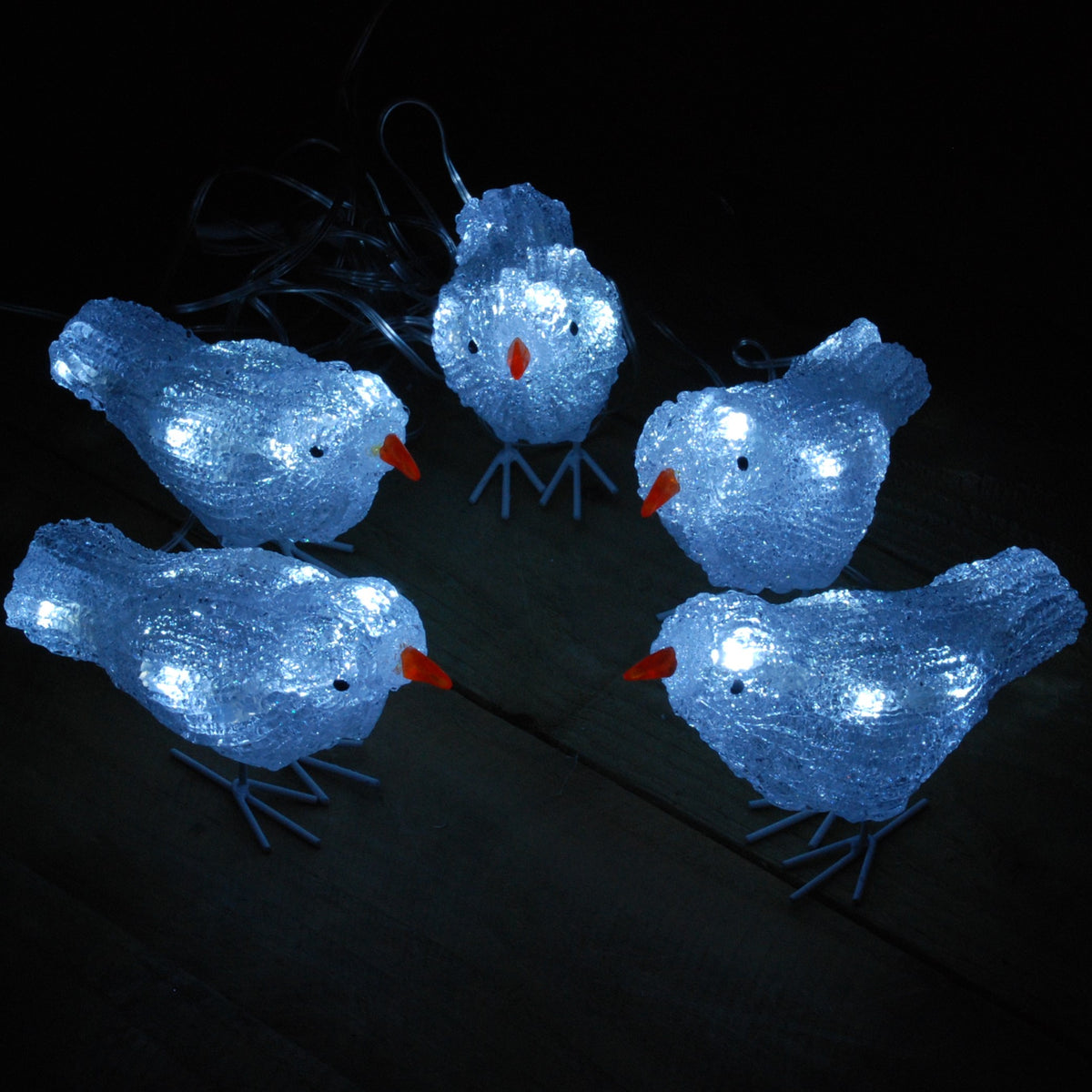 Set of 5 16cm Christmas Acrylic Birds with 30 White LEDs indoor outdoor Decoration