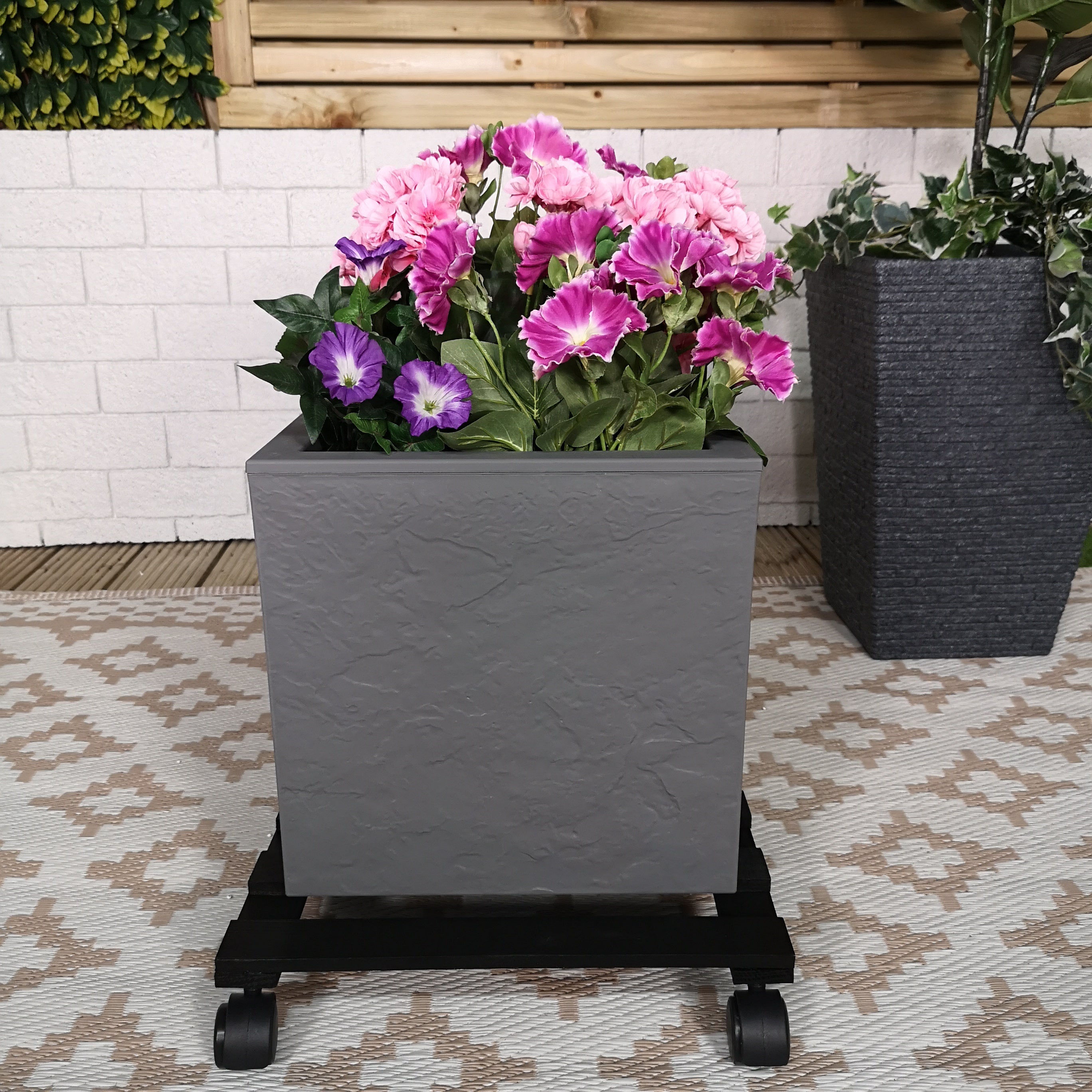 Pack of 2 35cm Black Square Wooden Garden Plant Pot Flower Trolley Stand On Wheels