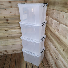 4 x 40L Smart Storage Box, Clear with Clear Extra Strong Lid, Stackable and Nestable Design Storage Solution