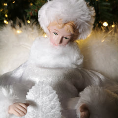 30cm White Velvet Angel Christmas Tree Topper with Feather Wings