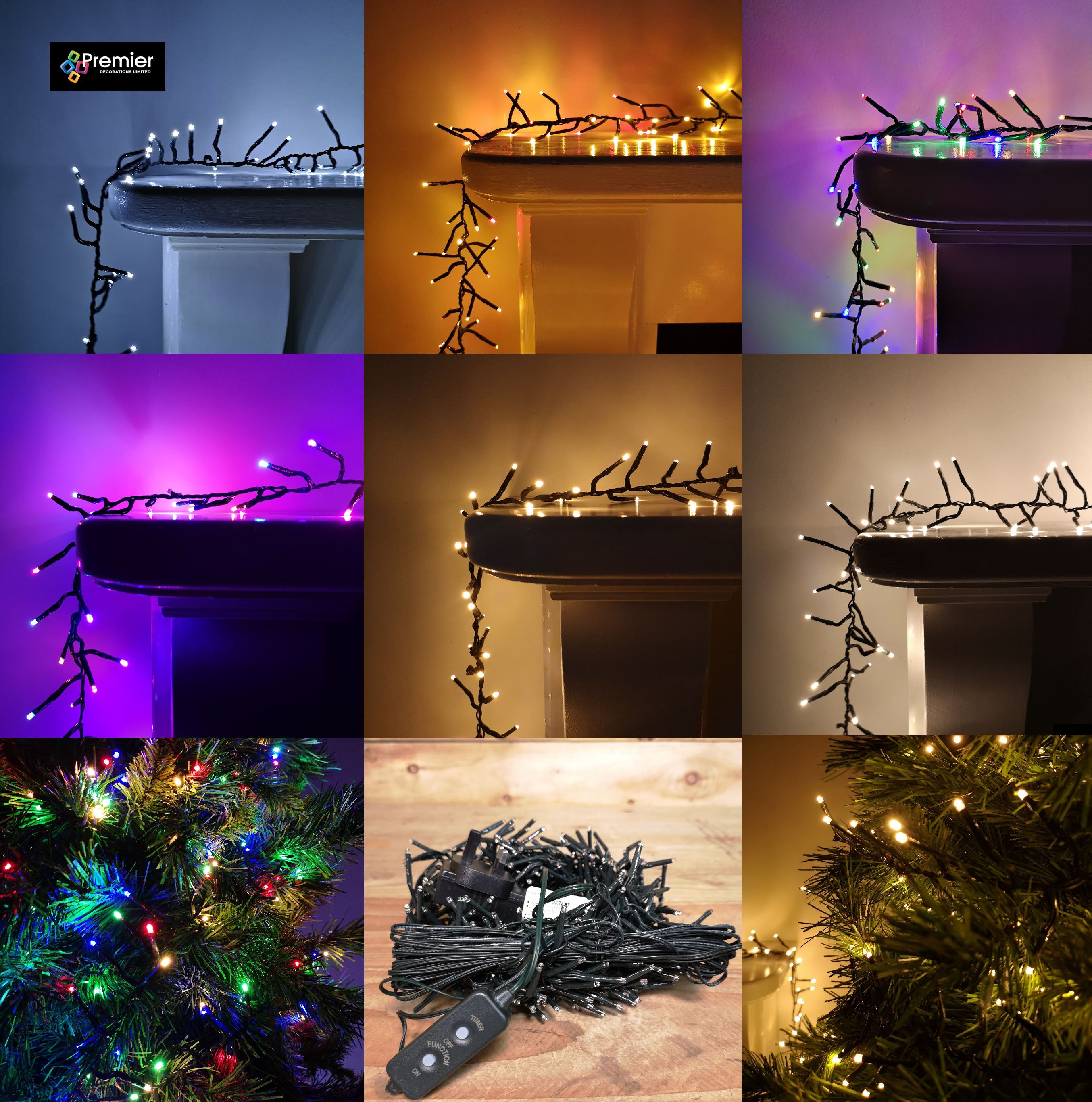 Premier Clusterbrights Indoor Outdoor Multifunction Mains Operated Christmas Cluster Lights with Timer in Choice of Length & Colour