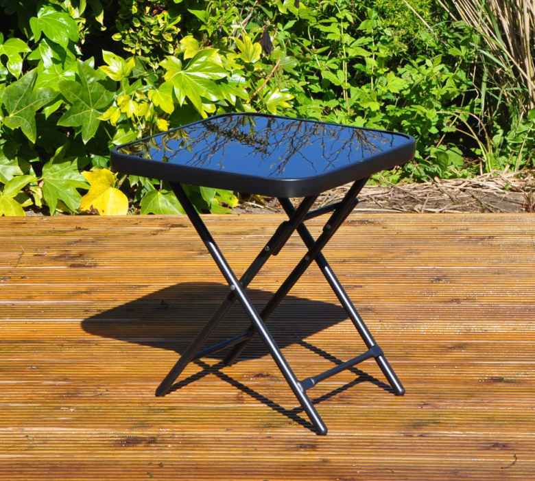 45cm x 45cm Black Glass Folding Garden Furniture Side Table