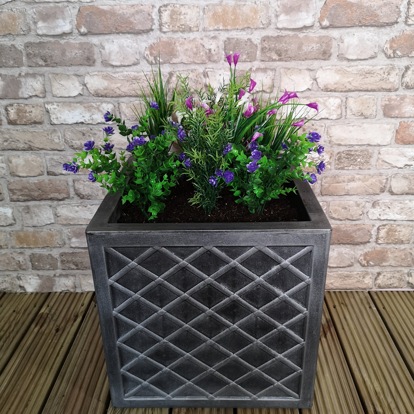 39cm Large Lazio Square Grey Plastic Pewter Effect Garden Planter 