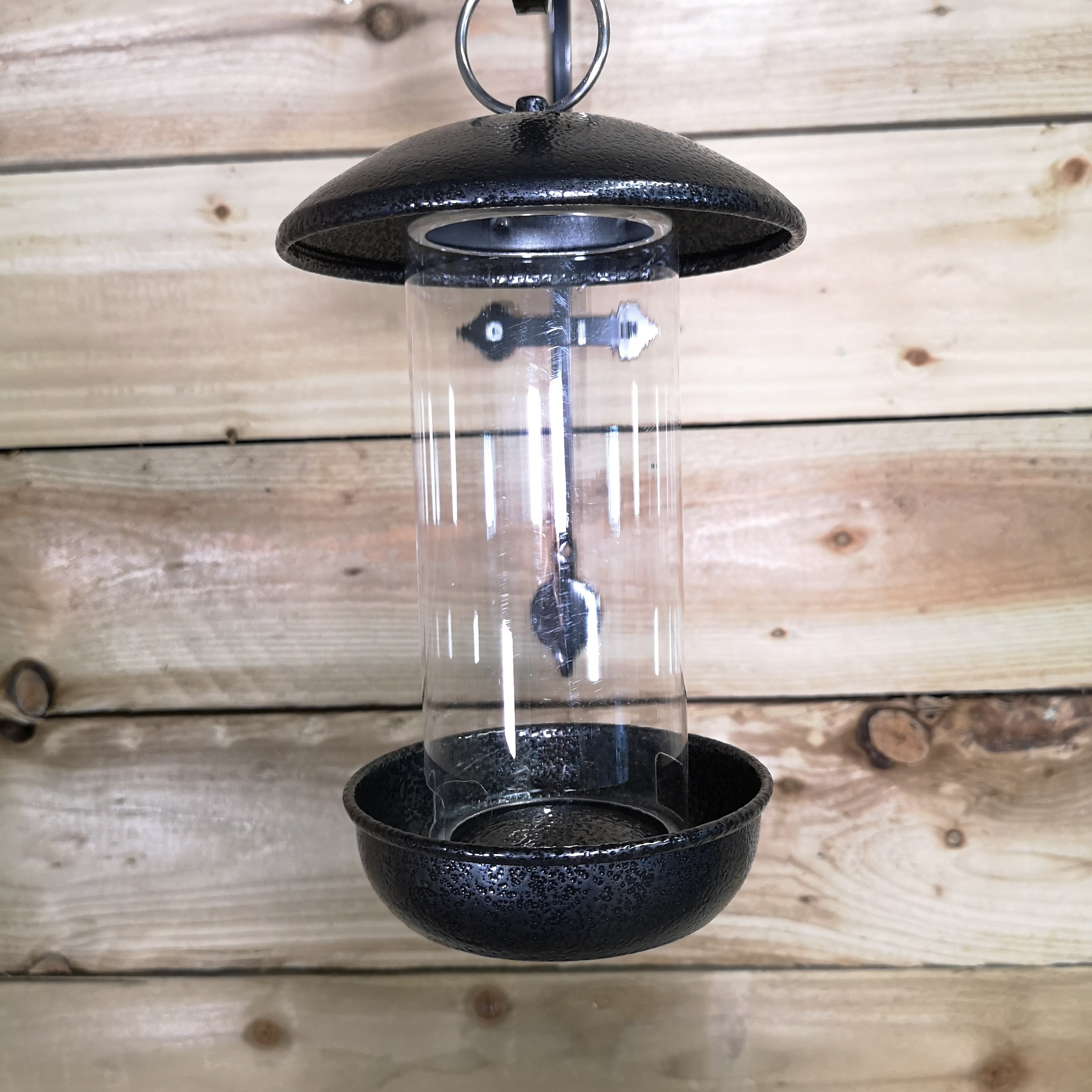 Tom Chambers 2 Port Garden Wild Bird Hanging Hammered Steel Black and Silver Seed Feeder