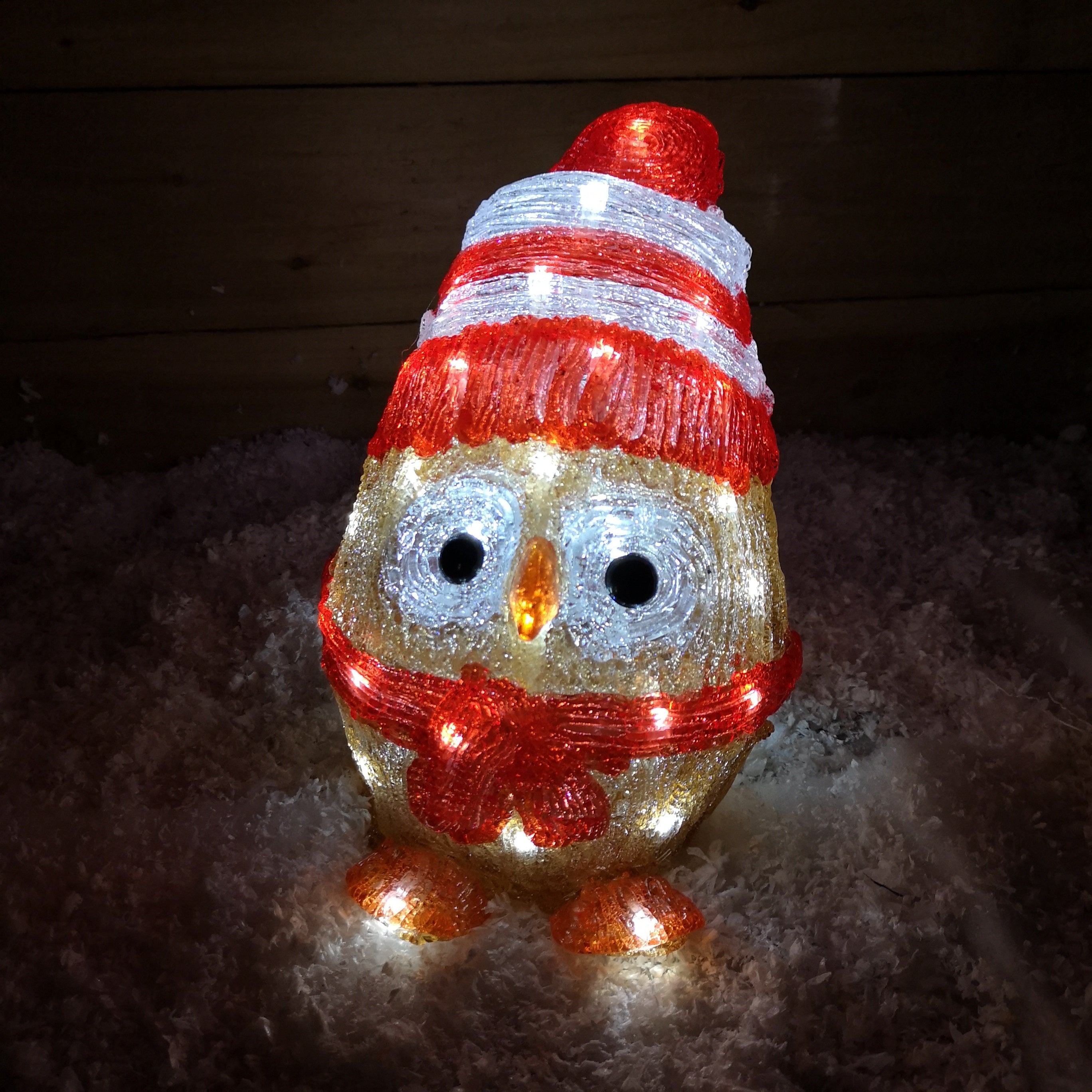 Christmas Acrylic Owl With Christmas Hat & Scarf 40 LED Lights & Timer Function