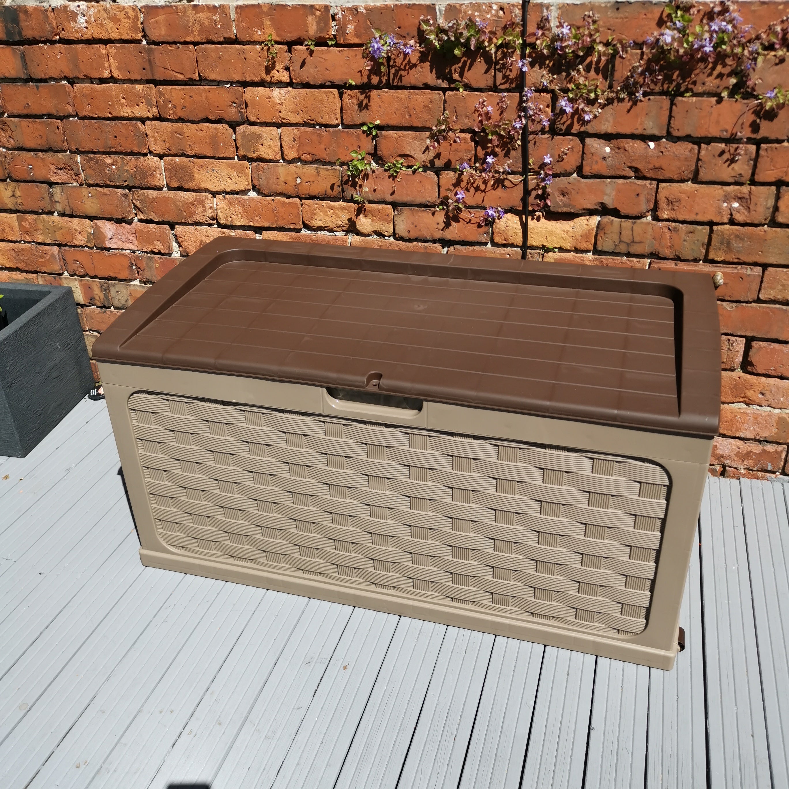 335 Litre Rattan Style Garden Cushion Storage Box with Sit on Lid – Dark Brown
