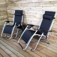 Pair of Multi Position Garden Gravity Relaxer Chair / Sun Loungers with glass drinks table
