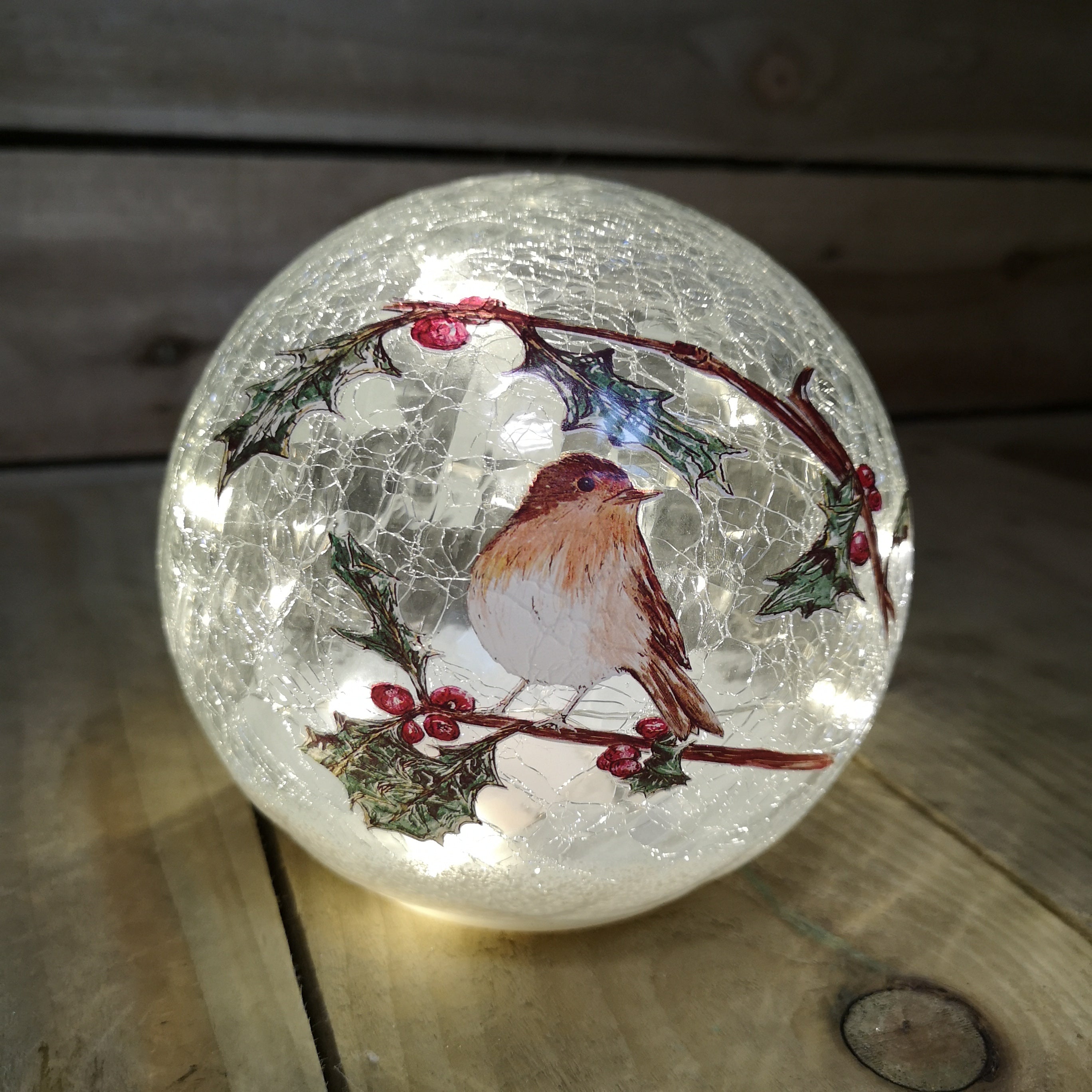 Festive 15cm Battery Operated Indoor Christmas LED Lit Crackle Effect Robin Ball