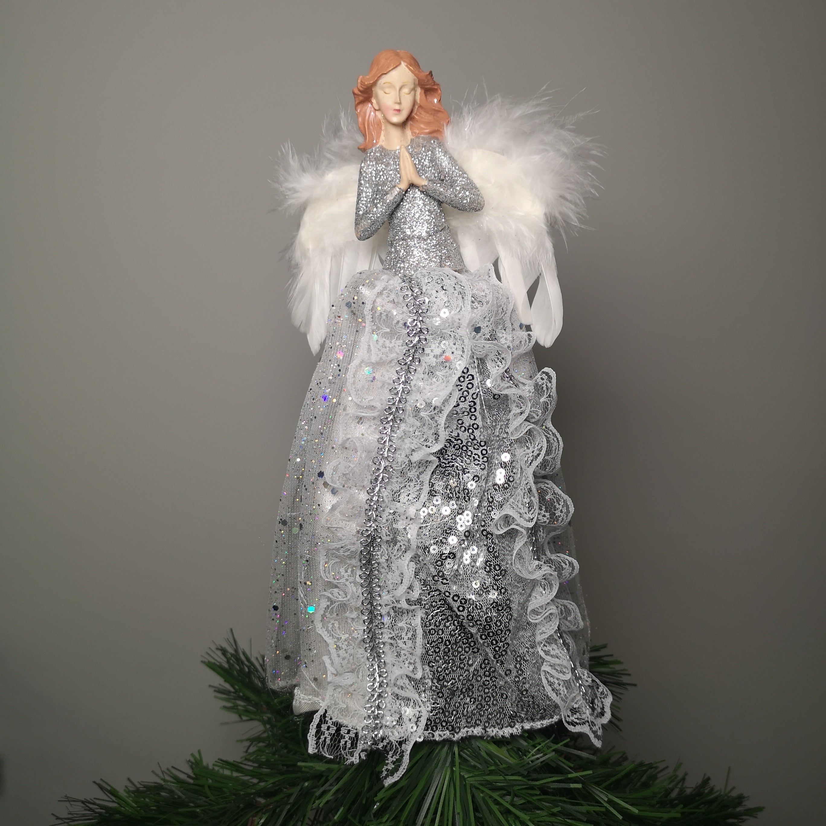28cm Premier Christmas Tree Top Angel Decoration with Feather Wings in Silver