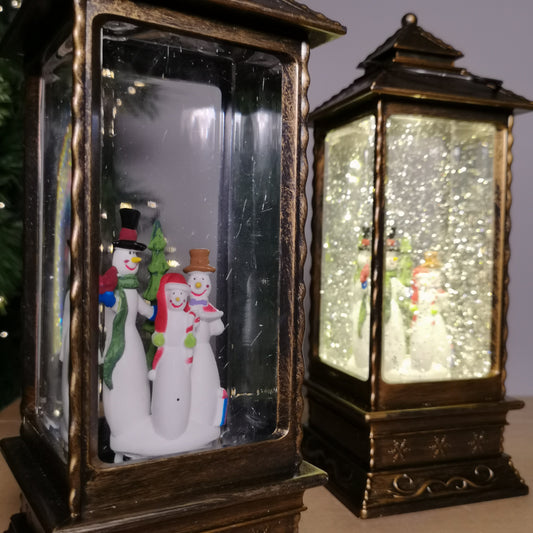 27cm Dual Power LED Christmas Glitter Water Spinner Rustic Lantern Snowman Scene 2736