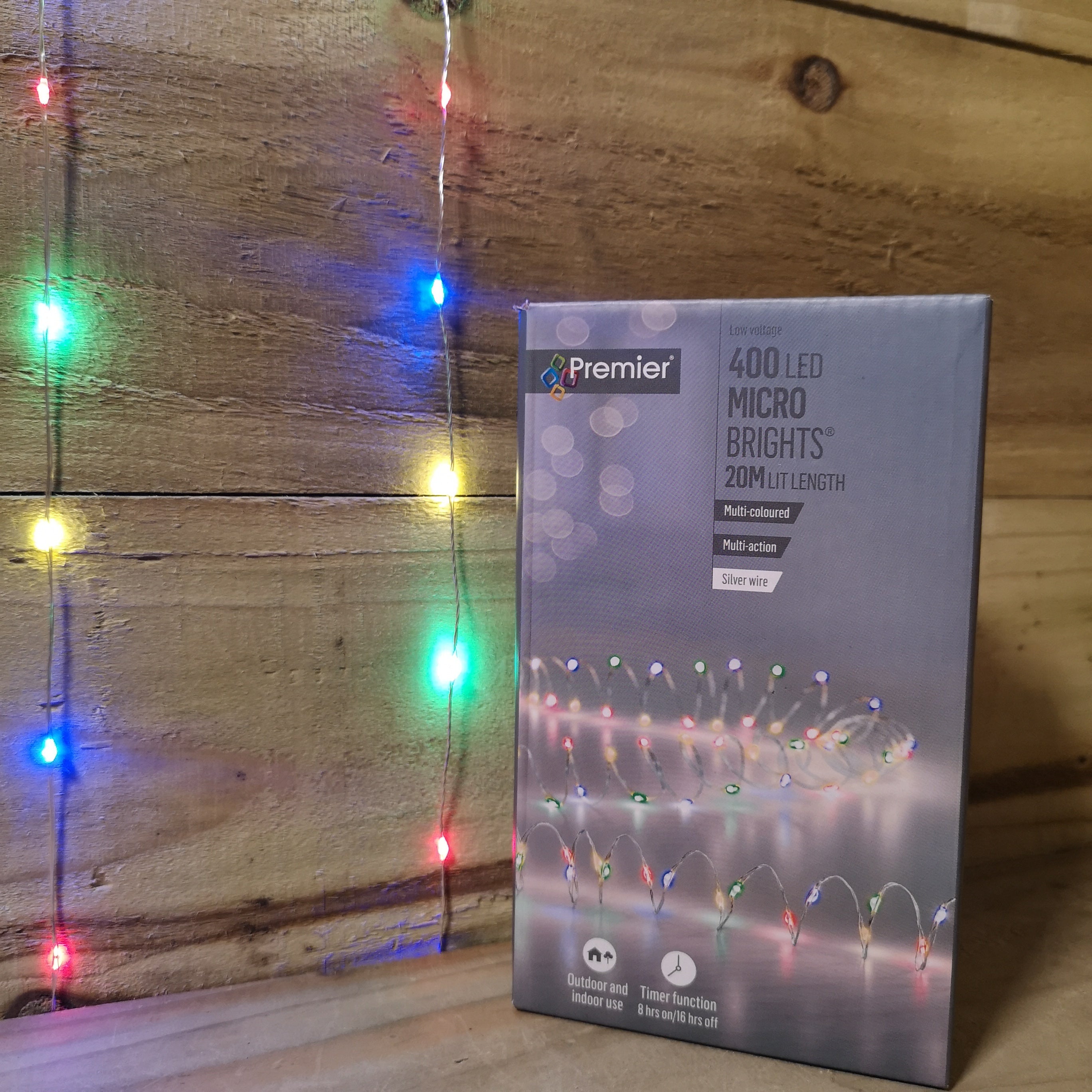 400 LED 20m Premier MicroBrights Indoor Outdoor Christmas Multi Function Mains Operated Lights with Timer on Pin Wire in Multicoloured
