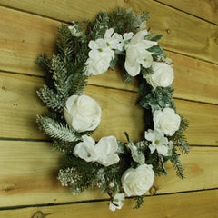 60cm Snowy Effect Wreath with White Flowers