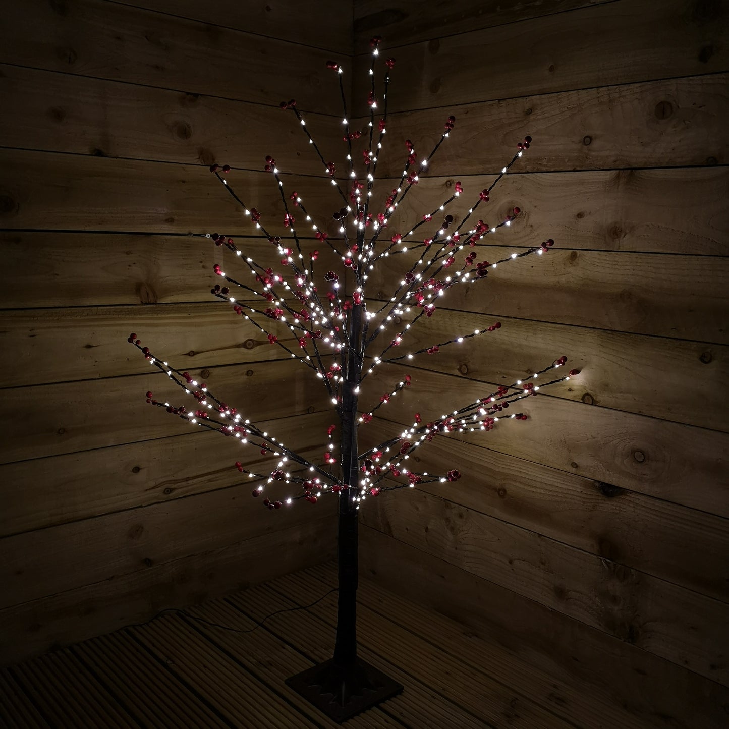 120cm 4ft Christmas Lit Black Twig Tree Red Berry 400 Warm White LED