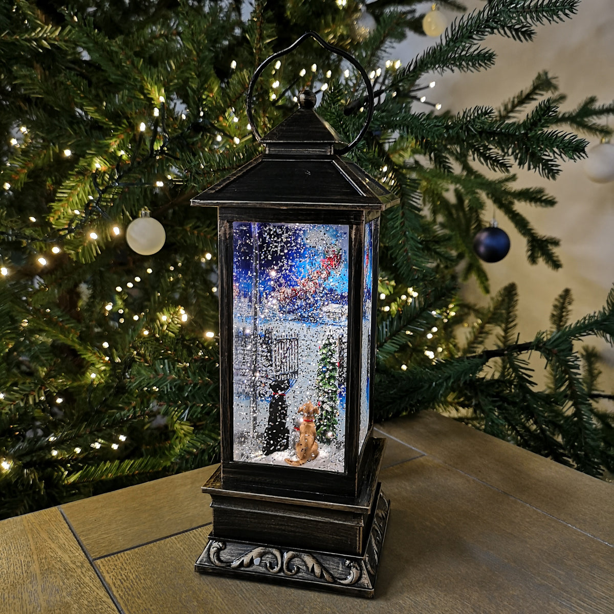 Snowtime Dual Power LED Water Lantern with Macneil 'Cats & Dogs Watching Santa' Scene