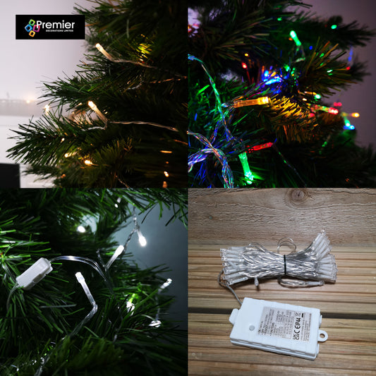 Choice of Length & Colour - Premier Christmas Timelights Outdoor Multi Function Battery Lights with Timer & Clear Cable
