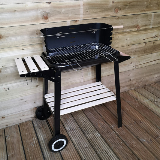 Rectangular Trolley Charcoal BBQ With Wheels Black with Wooden Shelves 54 x 34 x 65cm 2736