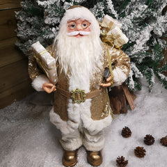 60cm Standing Santa Christmas Decoration in White and Gold Suit with Gifts