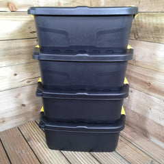 4 x 24L Heavy Duty Storage Boxes, Sturdy, Lockable, Stackable and Nestable Design Storage Chests with Clips in Black