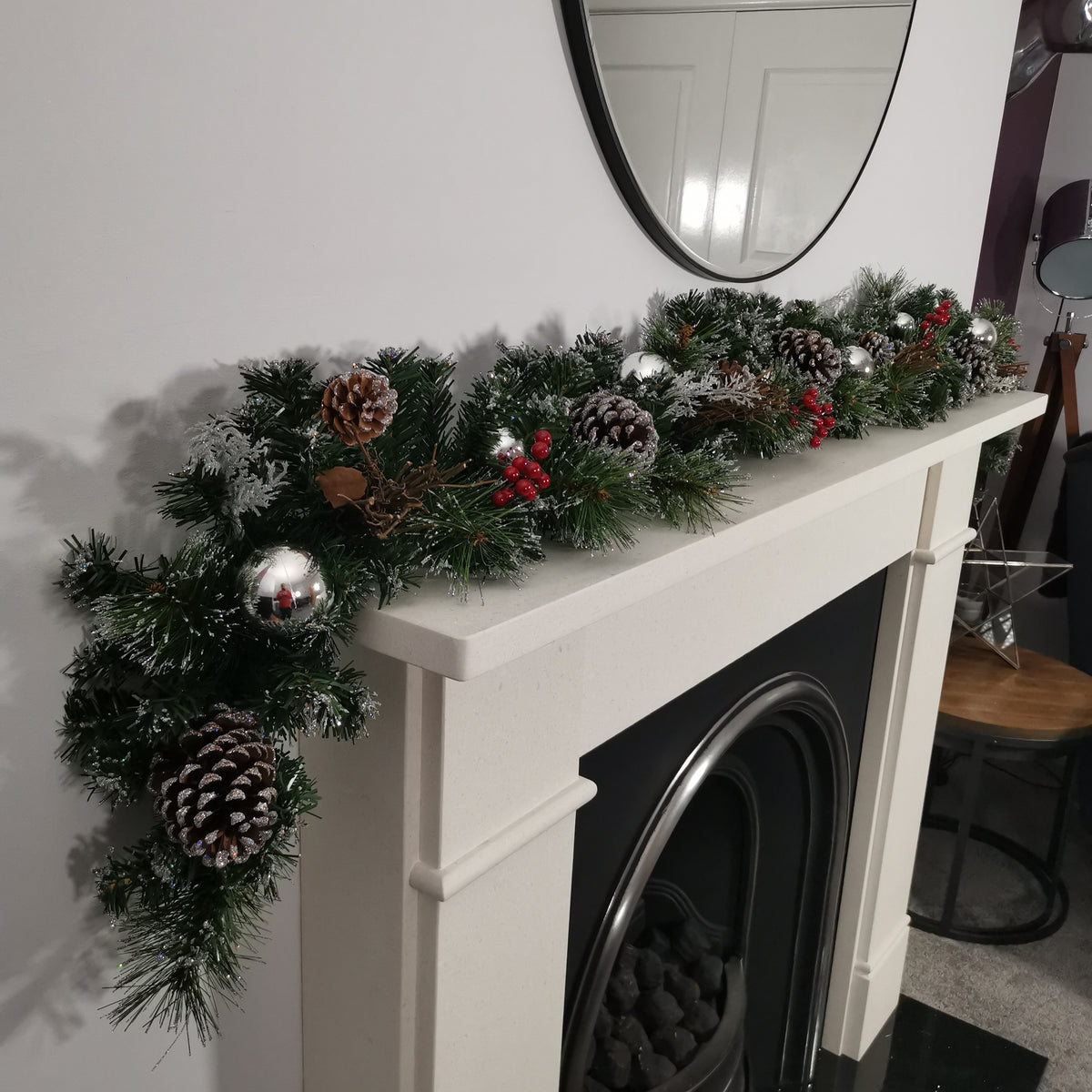 Premier 180cm (6ft) Festive Silver Dressed Christmas Garland With Berries Pinecones And Silver Baubles