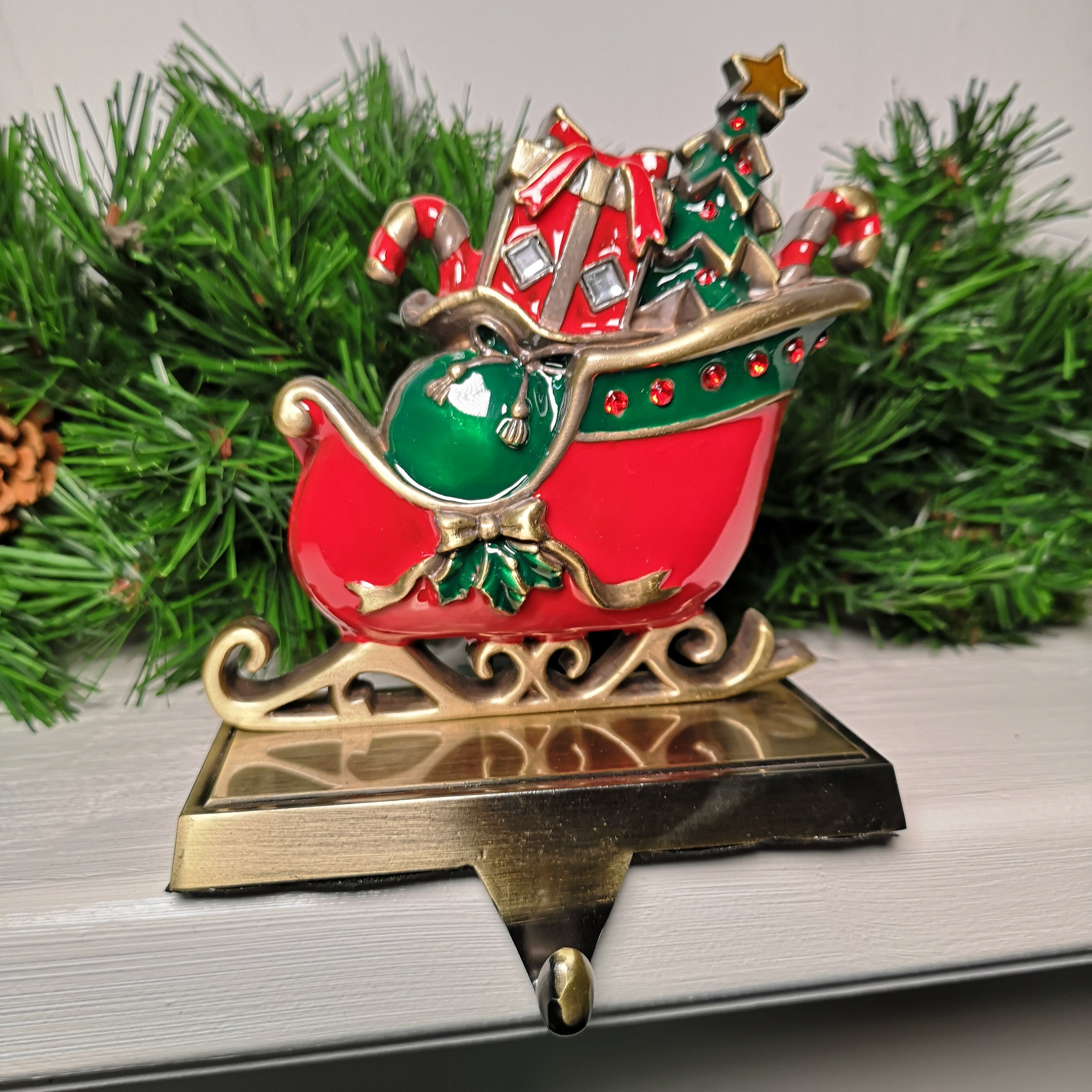 16cm Premier Present Filled Sleigh Christmas Stocking Hanger in Red and Green