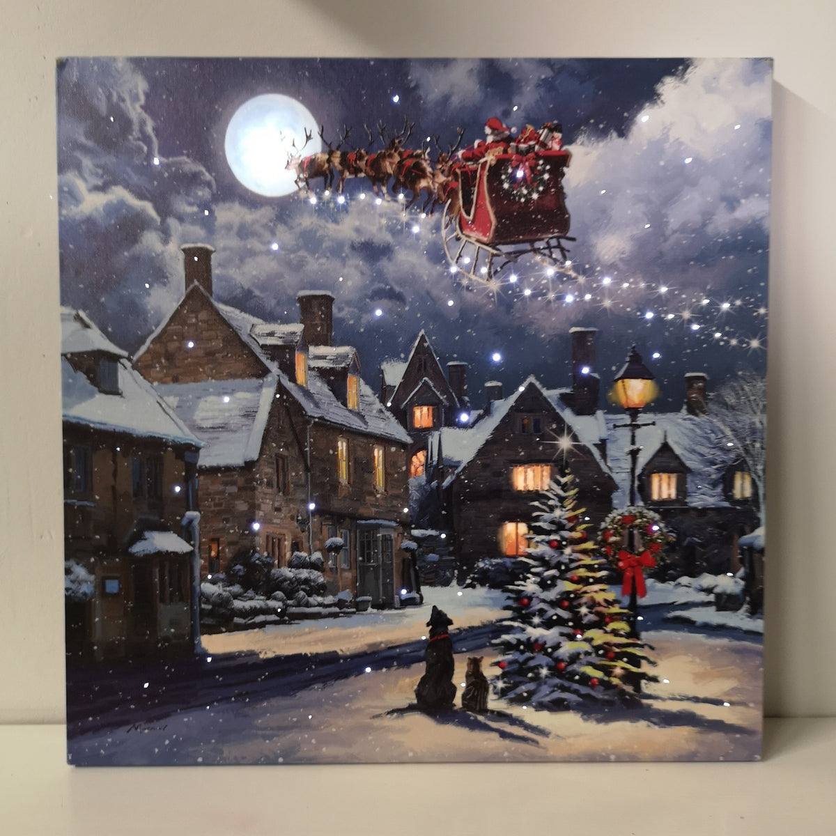40 x 40cm Snowtime Christmas Santa Dog Street Scene Touch Operated Lit Canvas