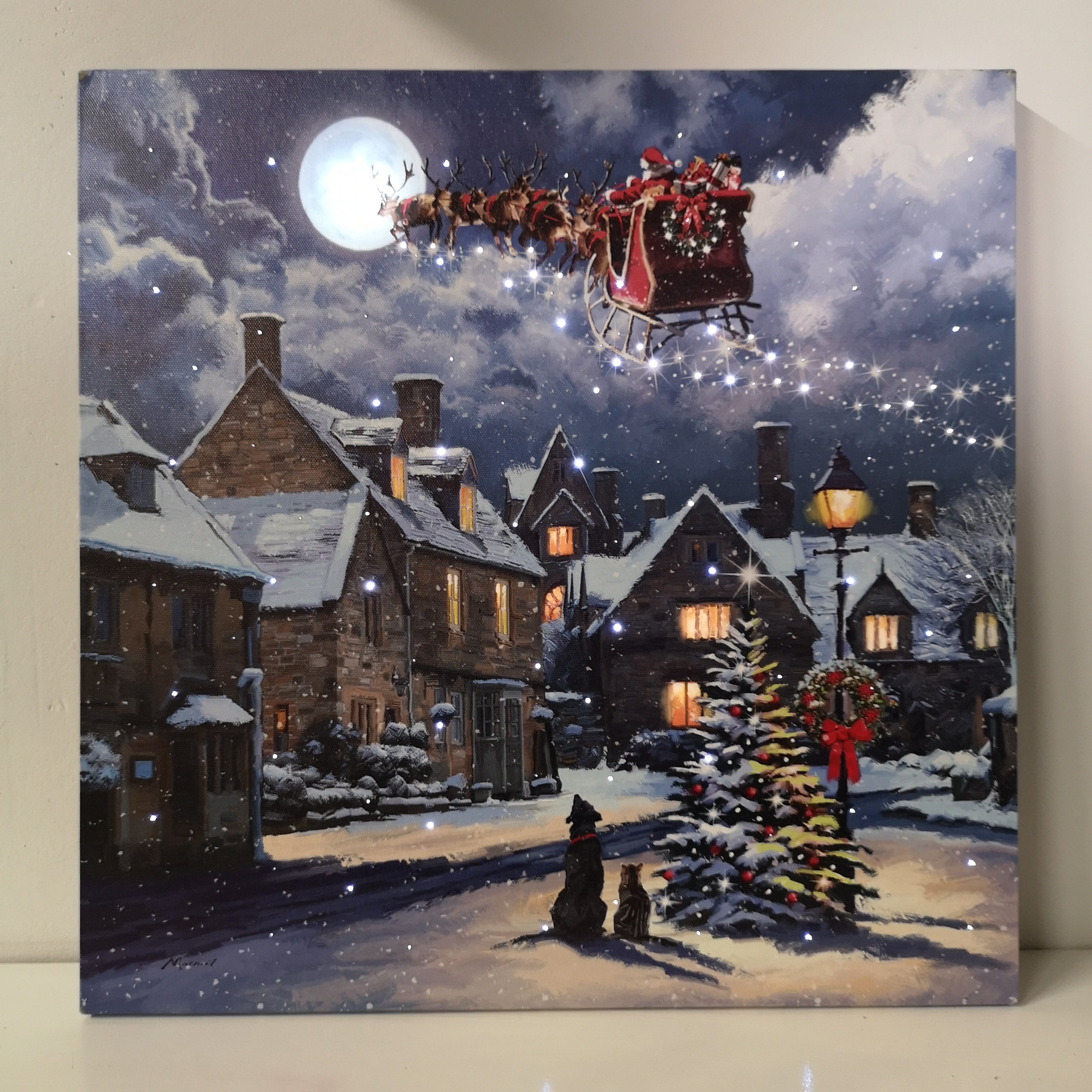 40 x 40cm Snowtime Christmas Santa Dog Street Scene Touch Operated Lit Canvas