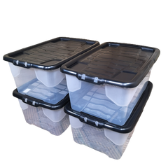 4 x 42L Clear Storage Box with Black Lid, Stackable and Nestable Design Storage Solution