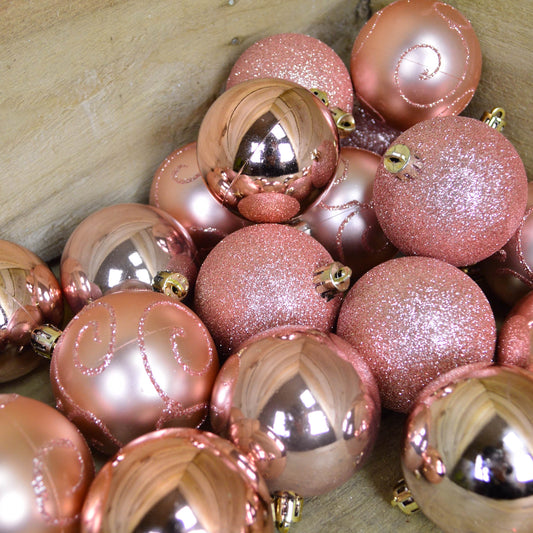 24 Pack 6cm Christmas Tree Baubles 4 Mixed Designs - Rose Gold / Pink 3000