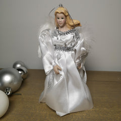 18cm Premier Bauble Tree Topper Angel Christmas Decoration in White & Silver
