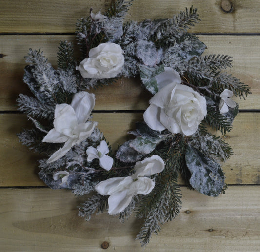 40cm Snowy Effect Christmas / Wedding Wreath with White Flowers